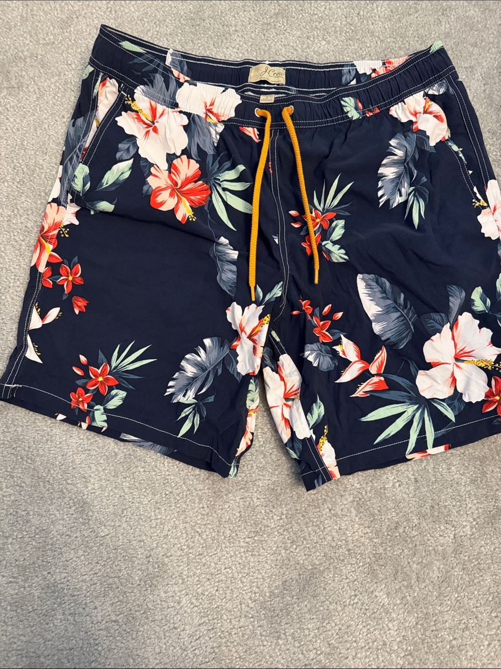 JCREW Men's Navy Floral Swim Trunks with Yellow Drawstring